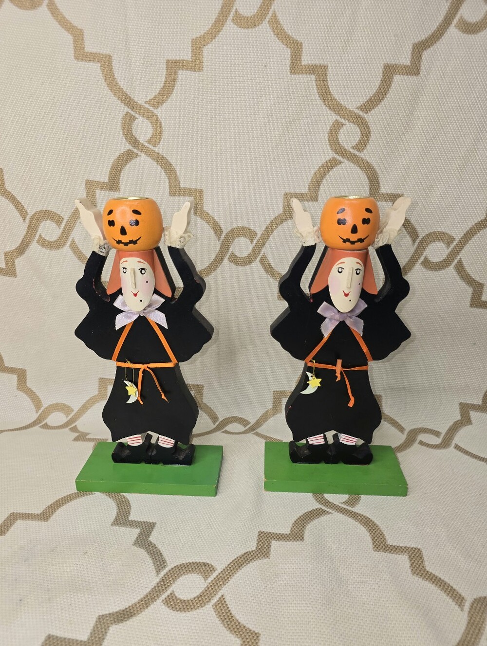 Fall Autumm Witches Wooden Candle Holders Set of 2 Halloween 10" H Vintage